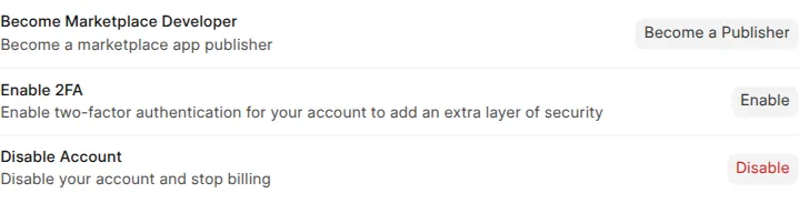 The account settings showing Enable 2FA and Disable Account options