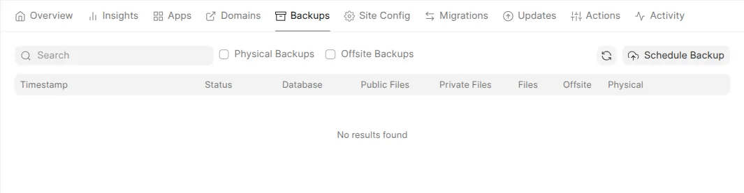 The Backups tab listing backups by timestamp, with a Schedule Backup button