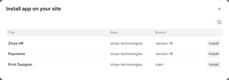 The "Install app on your site" window listing apps such as Zinye HR, Payments and Print Designer, each with an Install button