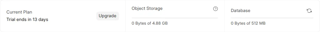 A site's Overview showing Current Plan with an Upgrade button, Object Storage, and Database usage