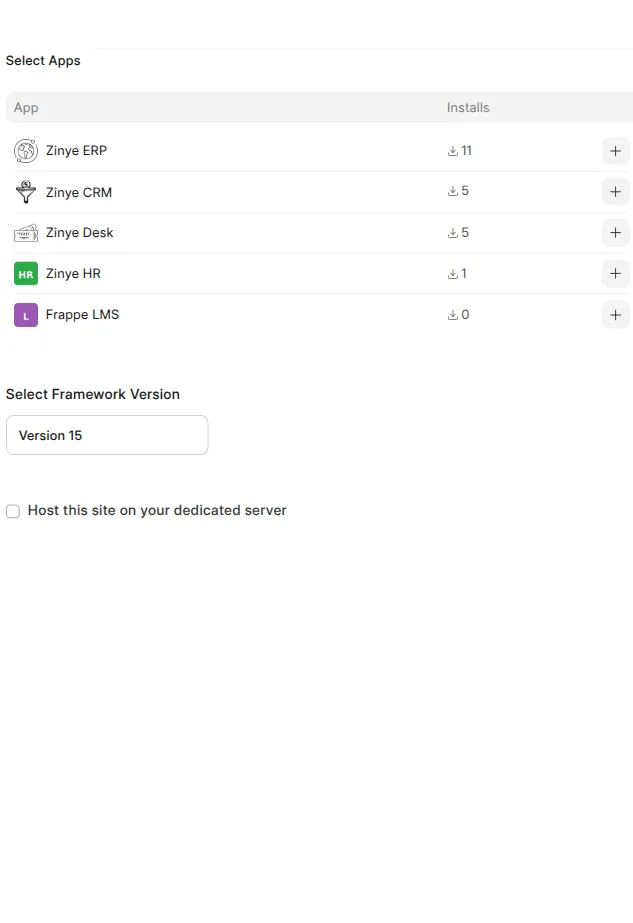 The New Site screen showing the app choices — Zinye ERP, CRM, Desk, HR — with a framework version selector