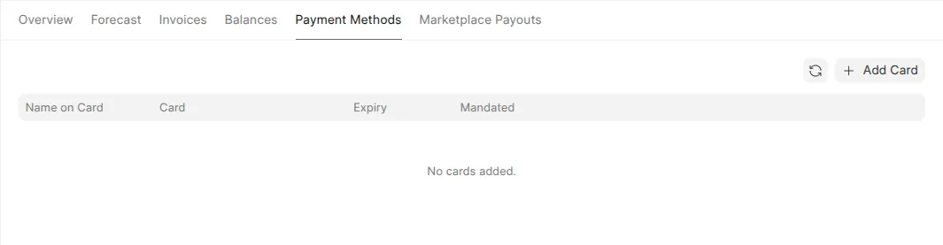 The Billing → Payment Methods tab, with an Add Card button and an empty card list