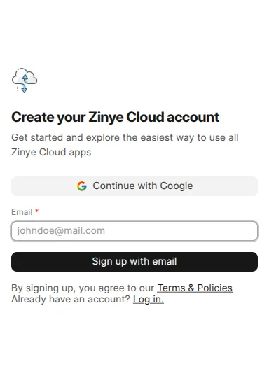 The Zinye Cloud sign-up screen, with options to continue with Google or sign up with an email address