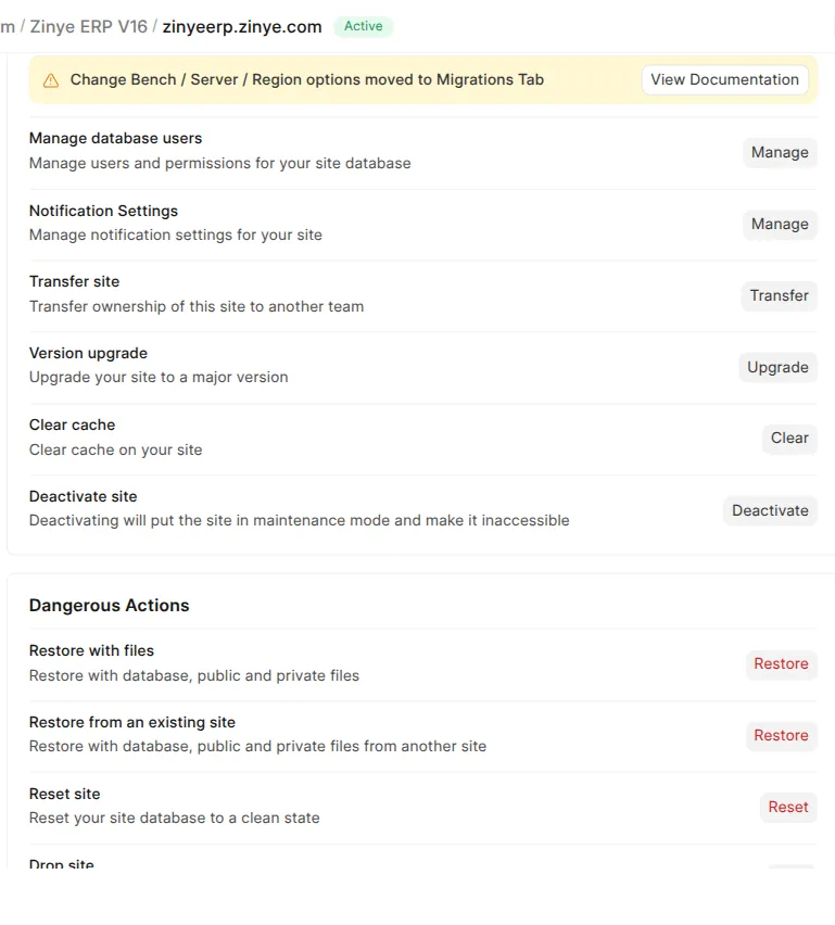 The site Actions tab, split into General Actions and Dangerous Actions